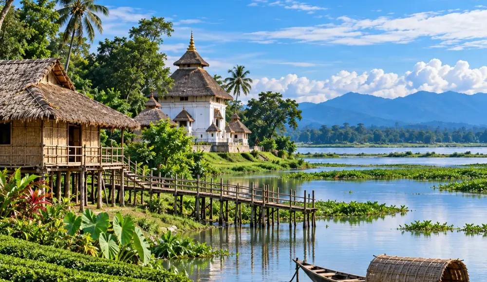 Scenic Assam landscape with traditional riverside temple, bamboo houses, tea gardens, wooden boat and lush green hills
