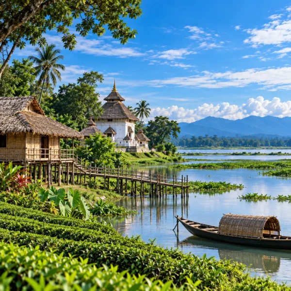 Scenic Assam landscape with traditional riverside temple, bamboo houses, tea gardens, wooden boat and lush green hills