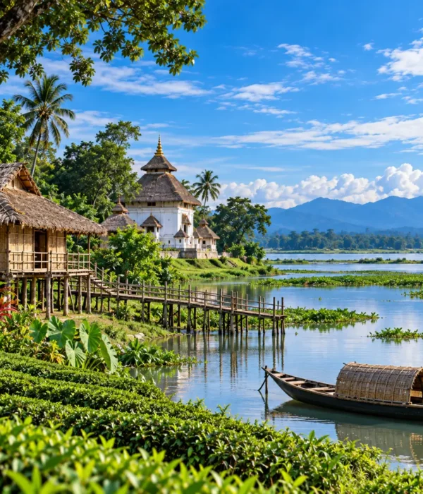 Scenic Assam landscape with traditional riverside temple, bamboo houses, tea gardens, wooden boat and lush green hills