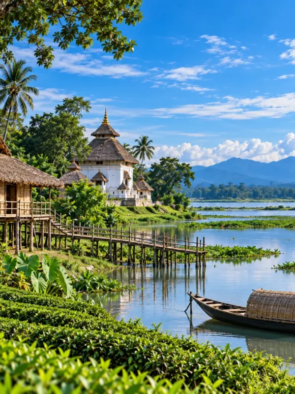 Scenic Assam landscape with traditional riverside temple, bamboo houses, tea gardens, wooden boat and lush green hills