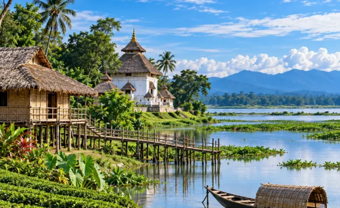Scenic Assam landscape with traditional riverside temple, bamboo houses, tea gardens, wooden boat and lush green hills