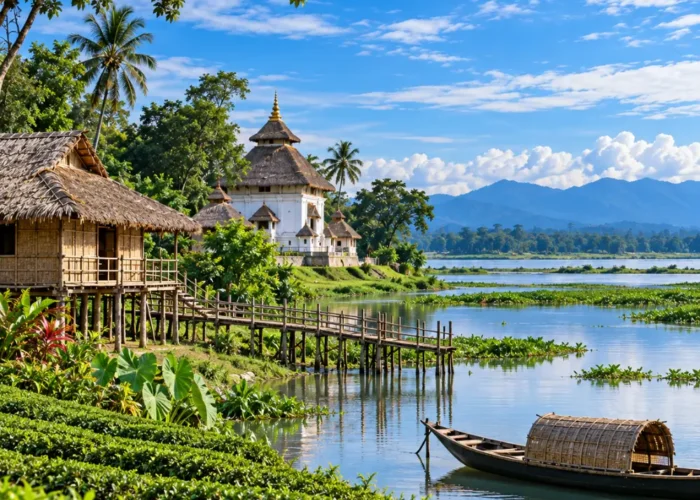 Scenic Assam landscape with traditional riverside temple, bamboo houses, tea gardens, wooden boat and lush green hills