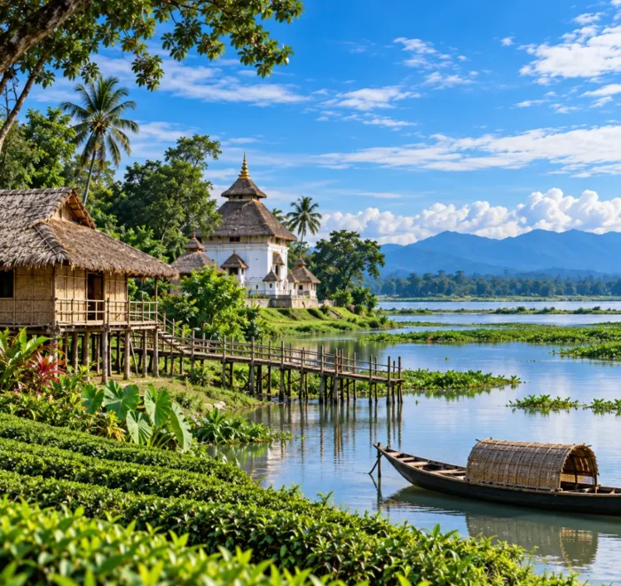 Scenic Assam landscape with traditional riverside temple, bamboo houses, tea gardens, wooden boat and lush green hills