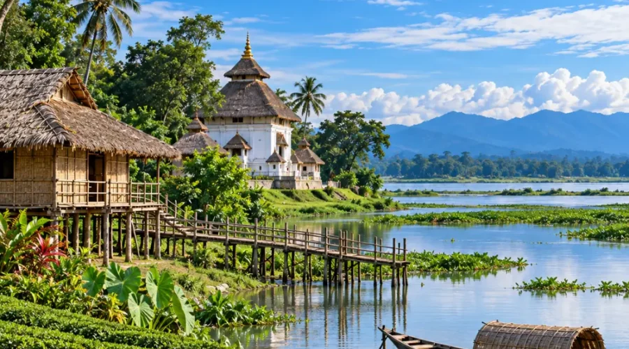 Scenic Assam landscape with traditional riverside temple, bamboo houses, tea gardens, wooden boat and lush green hills