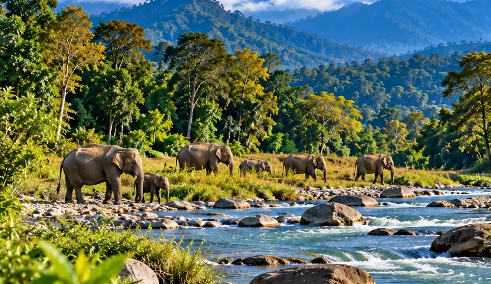 Herd of Asian elephants beside a rocky river surrounded by lush forests and scenic mountain landscapes in Assam