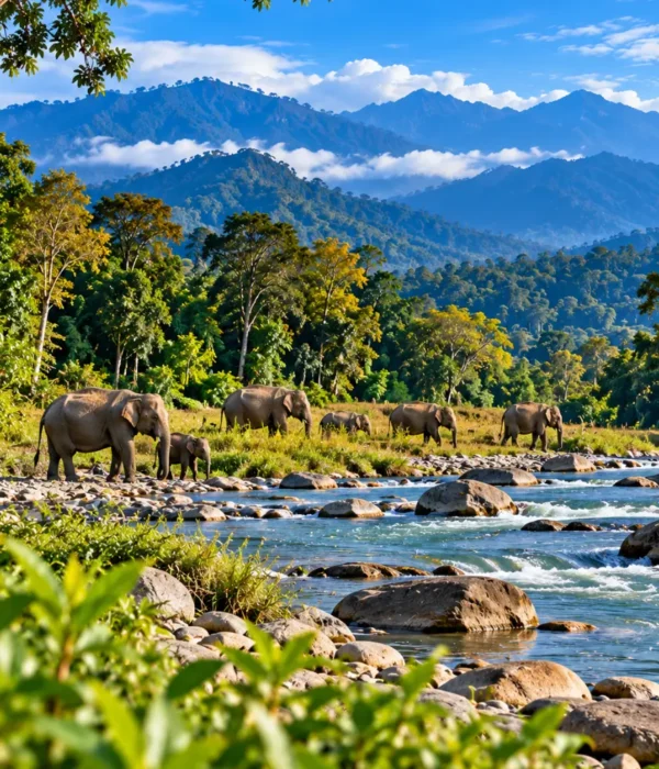 Herd of Asian elephants beside a rocky river surrounded by lush forests and scenic mountain landscapes in Assam