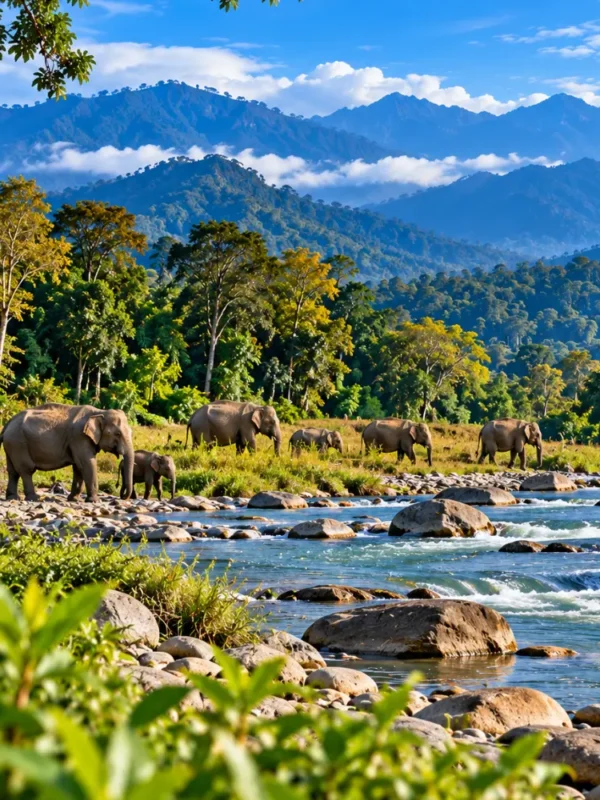 Herd of Asian elephants beside a rocky river surrounded by lush forests and scenic mountain landscapes in Assam