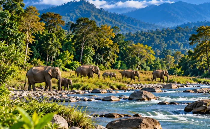 Herd of Asian elephants beside a rocky river surrounded by lush forests and scenic mountain landscapes in Assam