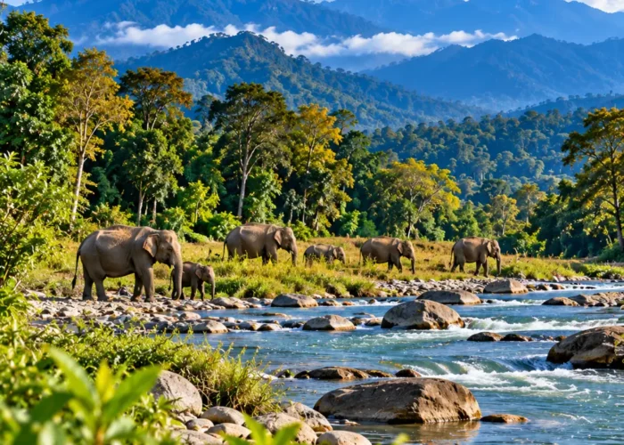 Herd of Asian elephants beside a rocky river surrounded by lush forests and scenic mountain landscapes in Assam