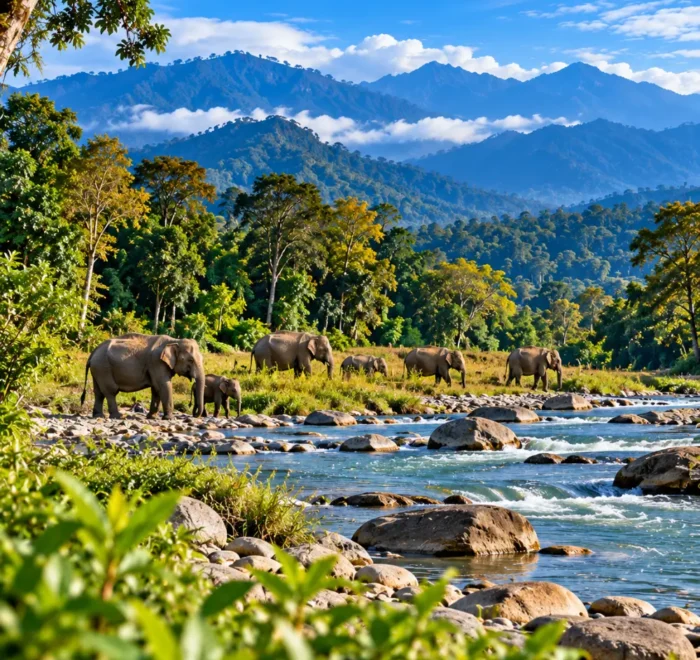 Herd of Asian elephants beside a rocky river surrounded by lush forests and scenic mountain landscapes in Assam