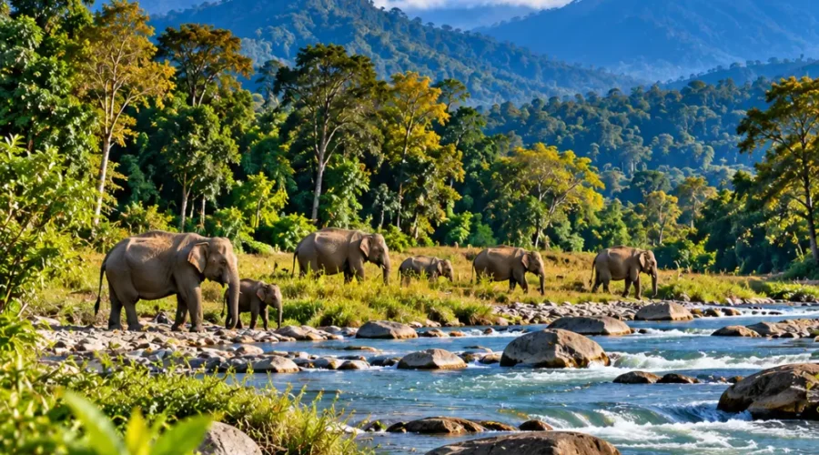 Herd of Asian elephants beside a rocky river surrounded by lush forests and scenic mountain landscapes in Assam