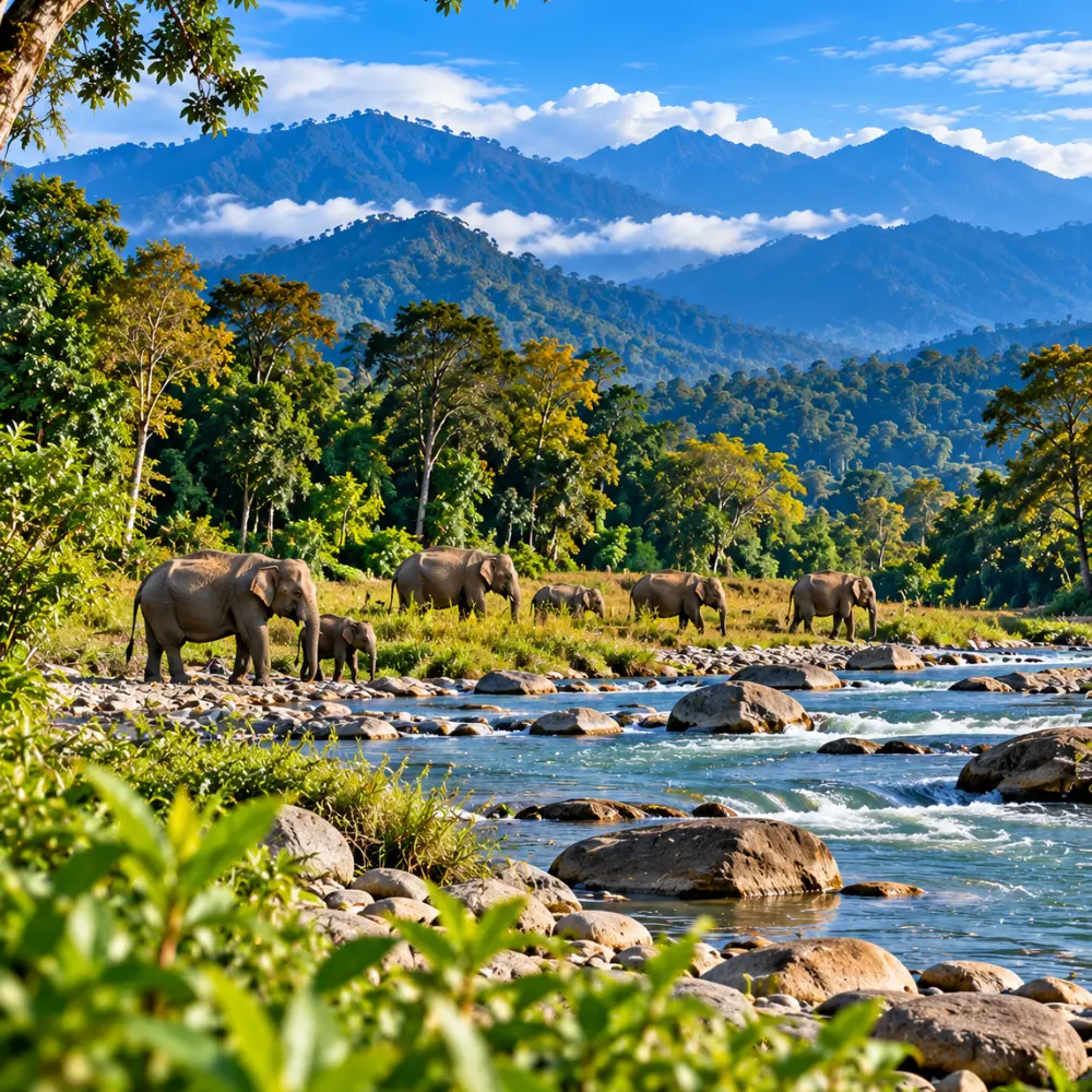 Herd of Asian elephants beside a rocky river surrounded by lush forests and scenic mountain landscapes in Assam