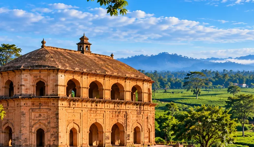 Historic Assamese architecture surrounded by lush tea gardens, green hills and scenic landscapes in Assam