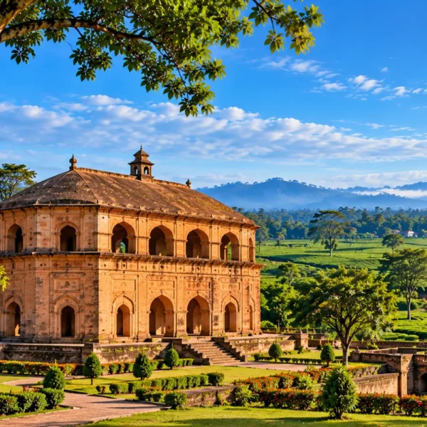 Historic Assamese architecture surrounded by lush tea gardens, green hills and scenic landscapes in Assam