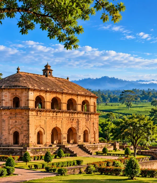 Historic Assamese architecture surrounded by lush tea gardens, green hills and scenic landscapes in Assam