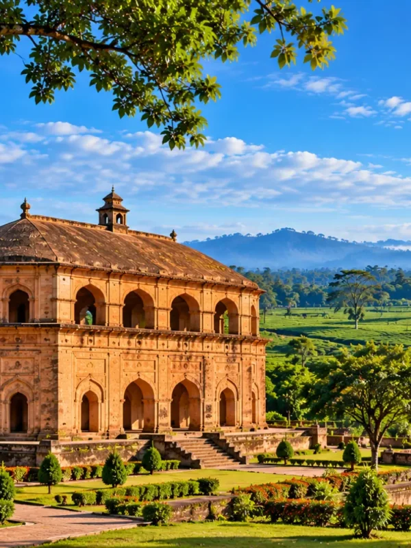 Historic Assamese architecture surrounded by lush tea gardens, green hills and scenic landscapes in Assam