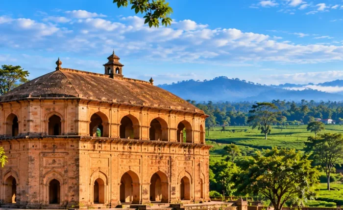 Historic Assamese architecture surrounded by lush tea gardens, green hills and scenic landscapes in Assam