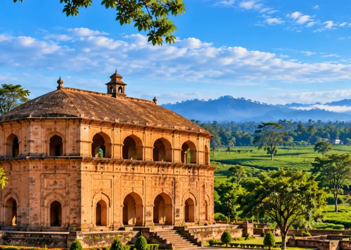 Historic Assamese architecture surrounded by lush tea gardens, green hills and scenic landscapes in Assam