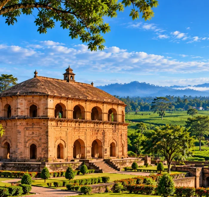 Historic Assamese architecture surrounded by lush tea gardens, green hills and scenic landscapes in Assam