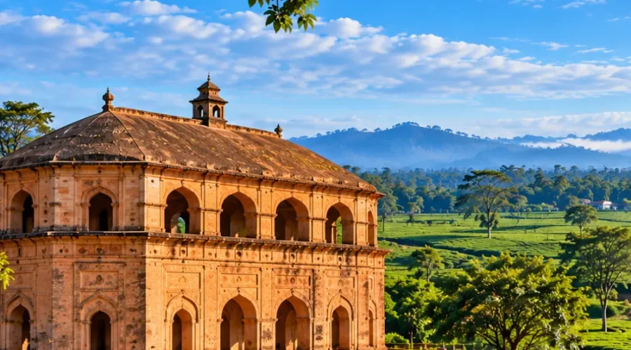 Historic Assamese architecture surrounded by lush tea gardens, green hills and scenic landscapes in Assam
