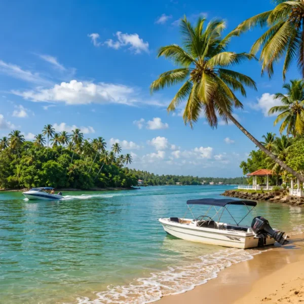 Bright daytime view of Bentota Beach with turquoise water, palm trees, sandy shore, and tropical coastal scenery.