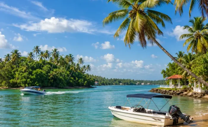 Bright daytime view of Bentota Beach with turquoise water, palm trees, sandy shore, and tropical coastal scenery.