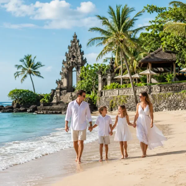 Family enjoying Bali beach with turquoise sea, golden sand, palm trees, and Balinese resort architecture.
