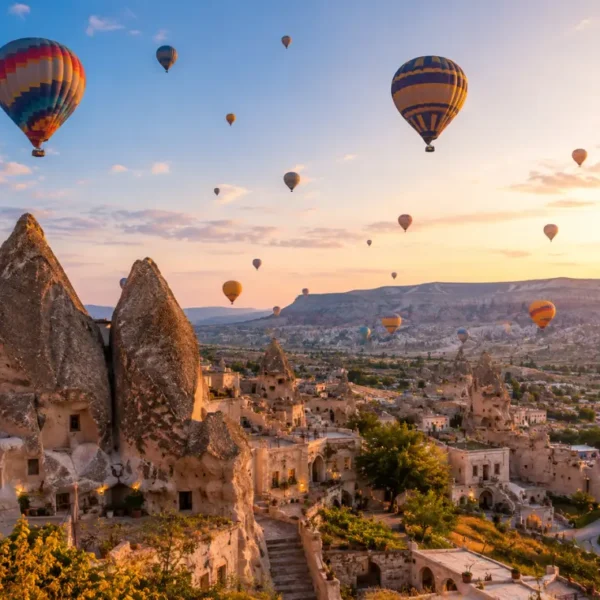 Scenic view of Cappadocia with fairy chimney rock formations, cave houses, and colorful hot air balloons in the sky.