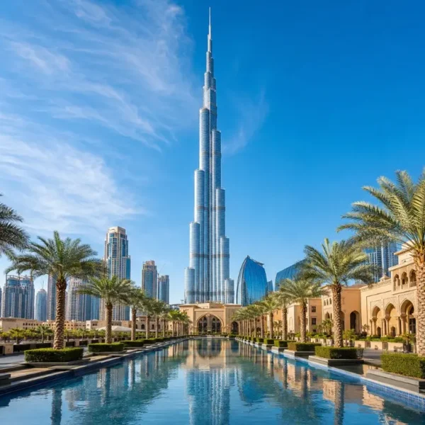 Dubai city skyline with Burj Khalifa rising above a palm-lined water promenade in bright clear daytime
