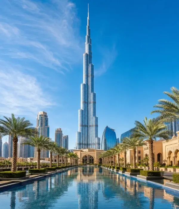 Dubai city skyline with Burj Khalifa rising above a palm-lined water promenade in bright clear daytime