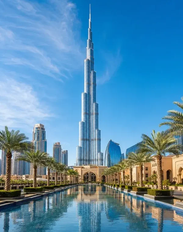 Dubai city skyline with Burj Khalifa rising above a palm-lined water promenade in bright clear daytime