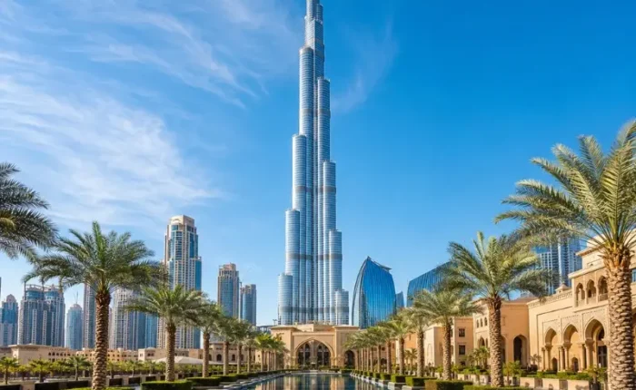 Dubai city skyline with Burj Khalifa rising above a palm-lined water promenade in bright clear daytime