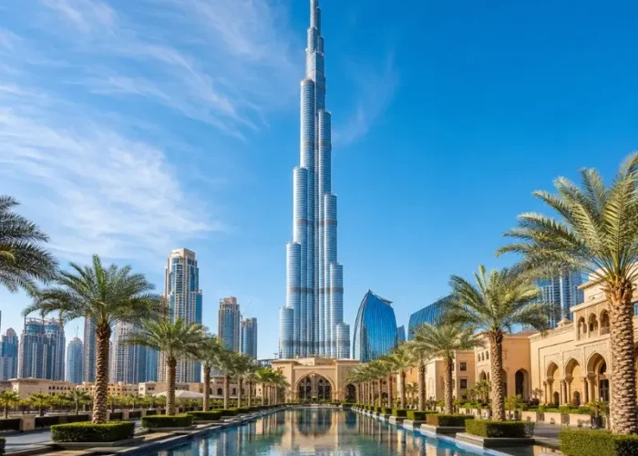 Dubai city skyline with Burj Khalifa rising above a palm-lined water promenade in bright clear daytime
