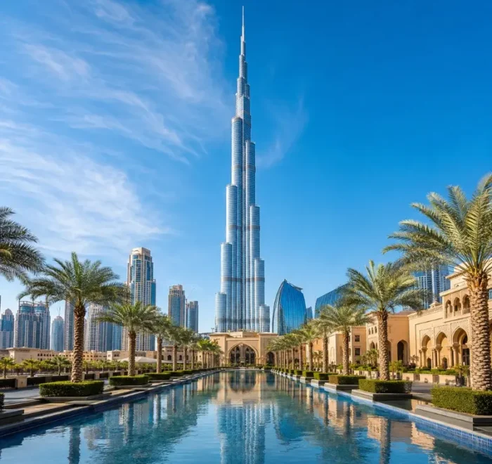 Dubai city skyline with Burj Khalifa rising above a palm-lined water promenade in bright clear daytime
