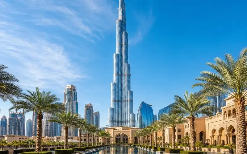 Dubai city skyline with Burj Khalifa rising above a palm-lined water promenade in bright clear daytime