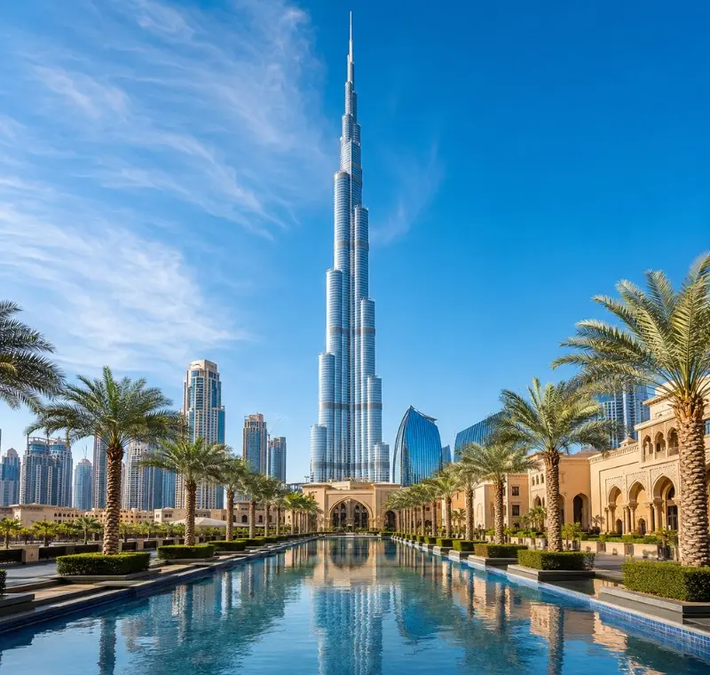 Dubai city skyline with Burj Khalifa rising above a palm-lined water promenade in bright clear daytime