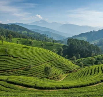 A hyper-realistic, square-format photograph of Darjeeling, India, showcasing expansive, emerald-green tea gardens terraced across misty Himalayan foothills, with dense forests and distant peaks under a clear, soft blue sky, conveying serene natural beauty.
