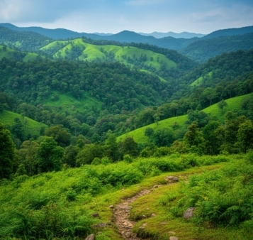 A hyper-realistic, square-format photograph of North East India, showcasing a sweeping vista of vibrant, emerald-green rolling hills and mountains, blanketed in dense tropical or subtropical rainforest, with distant valleys and a clear, soft blue sky, embodying lush natural beauty.