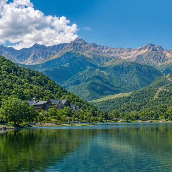 Scenic daytime view of Gabala with a calm lake, lush green hills, mountain resort, and the Caucasus peaks in the background.