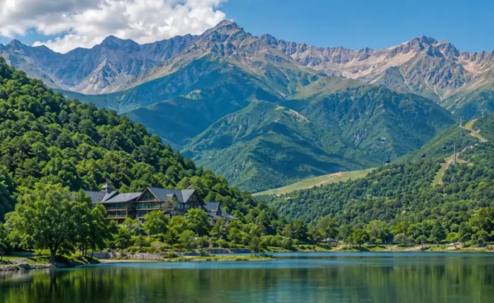 Scenic daytime view of Gabala with a calm lake, lush green hills, mountain resort, and the Caucasus peaks in the background.