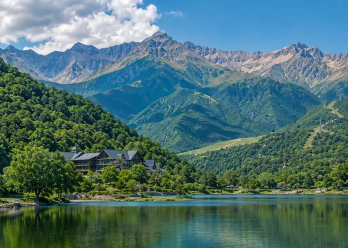 Scenic daytime view of Gabala with a calm lake, lush green hills, mountain resort, and the Caucasus peaks in the background.