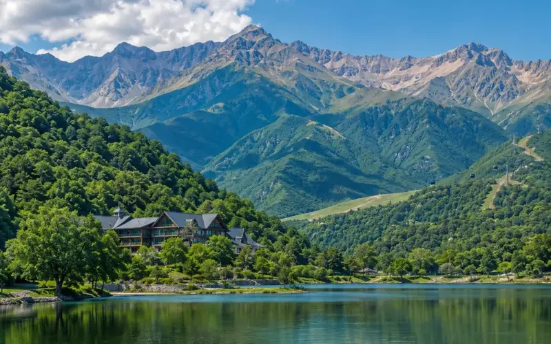 Scenic daytime view of Gabala with a calm lake, lush green hills, mountain resort, and the Caucasus peaks in the background.