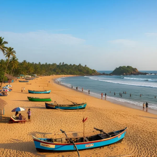 Goa Beaches and Leisure package with golden sand beach, fishing boats, palm trees and scenic coastal holiday views