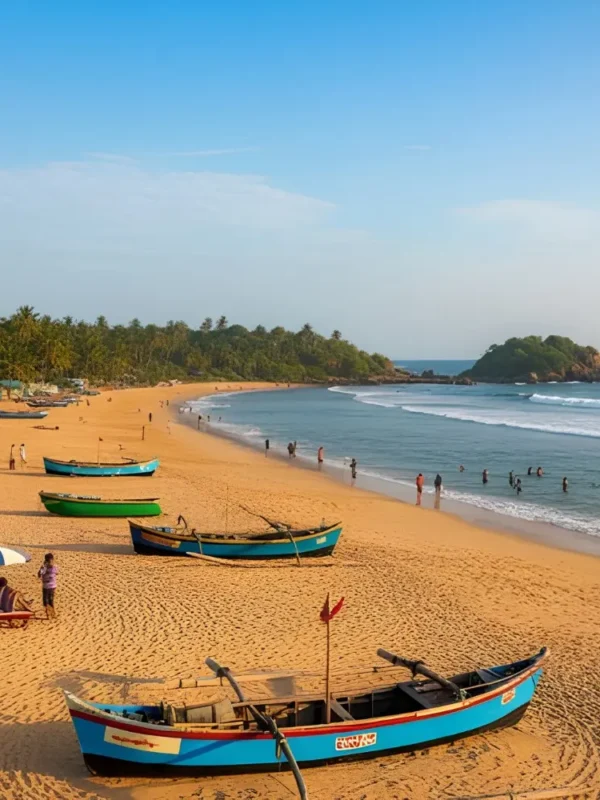Goa Beaches and Leisure package with golden sand beach, fishing boats, palm trees and scenic coastal holiday views