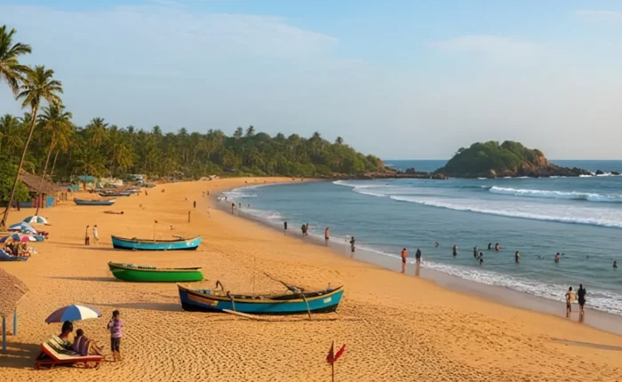 Goa Beaches and Leisure package with golden sand beach, fishing boats, palm trees and scenic coastal holiday views
