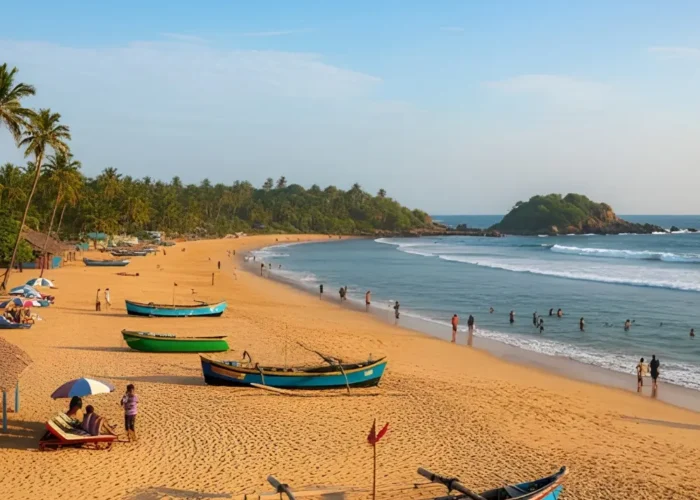 Goa Beaches and Leisure package with golden sand beach, fishing boats, palm trees and scenic coastal holiday views