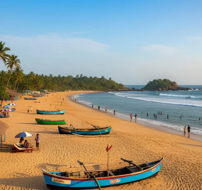 Goa Beaches and Leisure package with golden sand beach, fishing boats, palm trees and scenic coastal holiday views