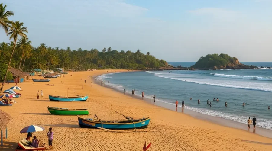 Goa Beaches and Leisure package with golden sand beach, fishing boats, palm trees and scenic coastal holiday views