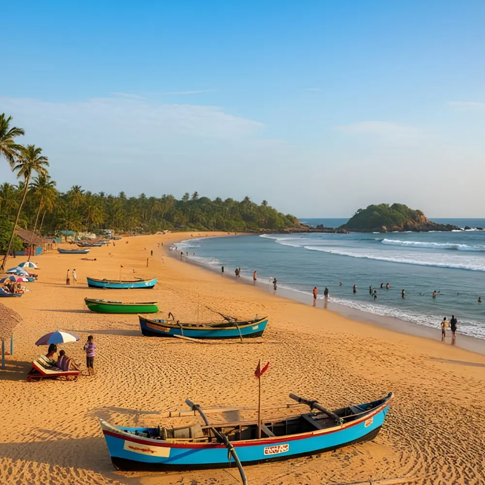 Goa Beaches and Leisure package with golden sand beach, fishing boats, palm trees and scenic coastal holiday views