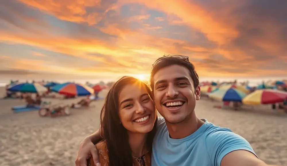 Goa Family Fun Package with happy beach travelers, colorful umbrellas, sandy shore and scenic sunset coastal vibes